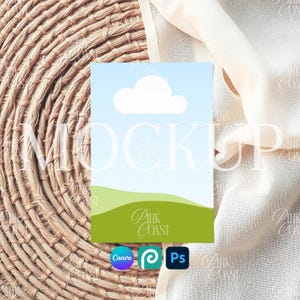 May include: A vertical mockup card with a blue sky and green hills design, featuring a white cloud. The card has the text "MOCKUP" and "Pink Coast". Below are the Canva, Procreate, and Photoshop logos.