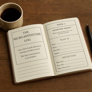 Op de afbeelding: Een open dagboek met de titel "THE MICRO-ADVENTURE LOG" en prompts voor planning en reflectie. Links staat een kopje koffie en rechts een pen. De pagina's van het dagboek zijn crèmekleurig met bruine randen.