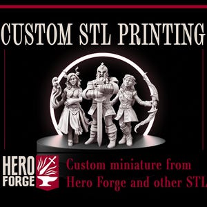 Op de afbeelding: Zwarte achtergrond met de tekst "CUSTOM STL PRINTING" en "HERO FORGE". Drie gedetailleerde miniatuurfiguren staan op een zwarte basis. De tekst "Custom miniature from Hero Forge and other STL" is ook aanwezig.