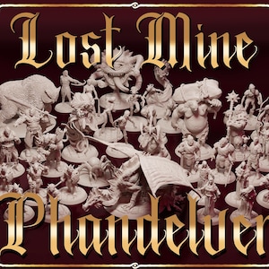 Op de afbeelding: Een verzameling ongeverfde miniatuurfiguren, waaronder draken, monsters en mensachtigen. De tekst "Lost Mine of Phandelver" staat in gouden letters op een donkerrode achtergrond.
