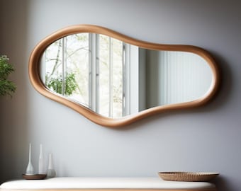 ジャパンディスタイルオークミラー - ミニマリストな非対称壁装飾 - 天然オーク材の手作り無垢材ミラー