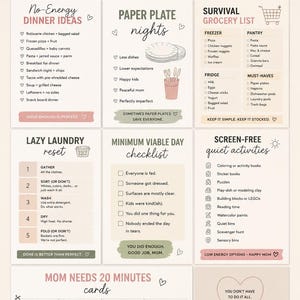 Könnte beinhalten: Beige-weißes Infografik mit dem Titel „Low Energy Mom Emergency Kit“ mit Listen für Abendessen, Lebensmittel und Aktivitäten. Enthält Text wie „Mom Needs 20 Minutes“ und „You're Doing Better Than You Think“.