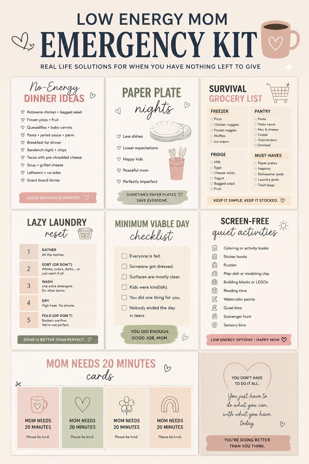 Low Energy Mom Emergency Kit Survival Planner, Dinner Ideas, Activities (Digital Download)