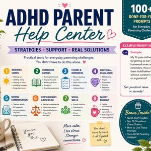 Peut inclure: Une infographie ADHD Parent Help Center présentant huit catégories numérotées dont Morning Chaos, Homework Battles et Parent Burnout. Le design inclut des suggestions textuelles, un carnet à spirales, une tasse et un post-it avec des messages.