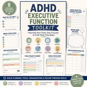 ADHD Verktygslåda för exekutiva funktioner för barn | Arbetsblad för uppgiftsinitiering, fokus och organisation (digital nedladdning)
