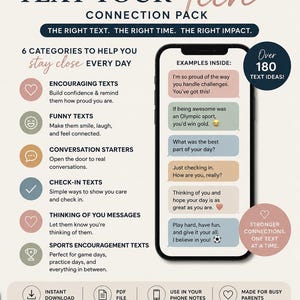 Könnte beinhalten: Ein digitales Grafikdesign, das ein "Text Your Teen Connection Pack" bewirbt. Das Bild zeigt ein Smartphone mit Beispieltexten, zusammen mit Kategorien wie "Ermutigende Texte" und "Lustige Texte". Das Paket verspricht über 180 Textideen, um Eltern zu helfen, sich mit ihren Teenagern zu verbinden.