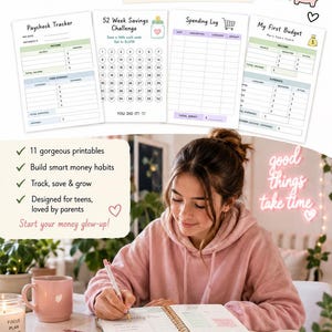 May include: A set of 11 printable financial planning documents titled Teen Money Starter Pack, including a Paycheck Tracker, 52 Week Savings Challenge, Spending Log, and My First Budget, featuring green and white layouts with icons.