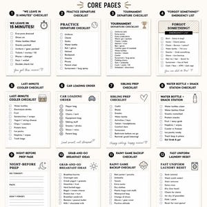 Può includere: Un elenco di controllo bianco, nero e beige intitolato "What's Included" con 12 pagine essenziali per organizzarsi. L'elenco di controllo include sezioni per la partenza, le emergenze e la preparazione degli snack.