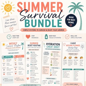 Op de afbeelding: Een kleurrijke infographic getiteld "Summer Survival Bundle" met tips voor drukke moeders. Het bevat secties over wekelijkse ritmes, reset routines, hydratatie en noodmaaltijdideeën. Het ontwerp toont een zon, een palmboom en diverse iconen.
