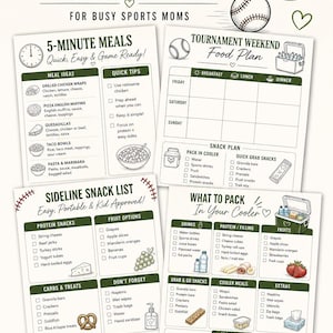 Op de afbeelding: Een afdrukbaar maaltijdplan voor drukke sportmoeders, met een 5-minuten maaltijdsysteem en een toernooiweekend voedselplan. Inclusief snackideeën, fruitopties en tips voor het inpakken van de koelbox. Het ontwerp is wit met groene accenten.