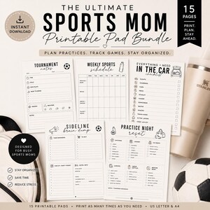 Könnte beinhalten: Ein druckbares Pad-Bundle für Sportmütter mit 15 Seiten zur Planung von Übungen, zur Verfolgung von Spielen und zur Organisation. Enthält Checklisten, Zeitpläne und Notizen. Das Design ist schwarz-weiß mit einem Fußball.