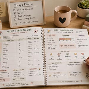 May include: An open spiral-bound planner featuring a Weekly Finish Tracker and Daily Progress Check-in. The pages contain printed sections for tasks, energy, focus, and productivity ratings, with a hand holding a black pen writing on the paper.