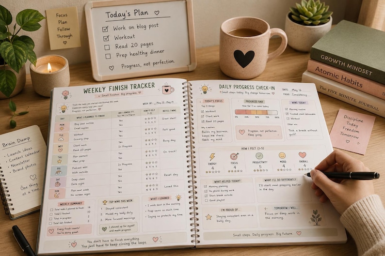 May include: An open spiral-bound planner featuring a Weekly Finish Tracker and Daily Progress Check-in. The pages contain printed sections for tasks, energy, focus, and productivity ratings, with a hand holding a black pen writing on the paper.