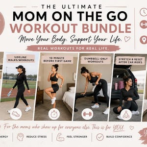 以下が含まれることがあります： 「MOM ON THE GO WORKOUT BUNDLE」というテキストが書かれたワークアウトバンドルのプロモーション画像。画像には、ホテルでのワークアウト、サイドラインウォーキング、ダンベルエクササイズなど、さまざまなエクササイズを行っている女性が写っています。