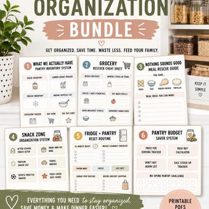 Peut inclure: Un ensemble d'organisation de garde-manger avec six systèmes pour simplifier votre cuisine et économiser de l'argent. Comprend des PDF imprimables avec des guides d'inventaire, d'épicerie, de planification des repas, de zone de collation, de réinitialisation du réfrigérateur/garde-manger et d'économies budgétaires. Formats US Letter et A4.