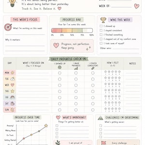 May include: A printable progress tracker planner page with a light beige background and pink accents. It features sections for weekly focus, a progress bar, daily check-ins with star ratings, a progress graph, and motivational text like Progress.