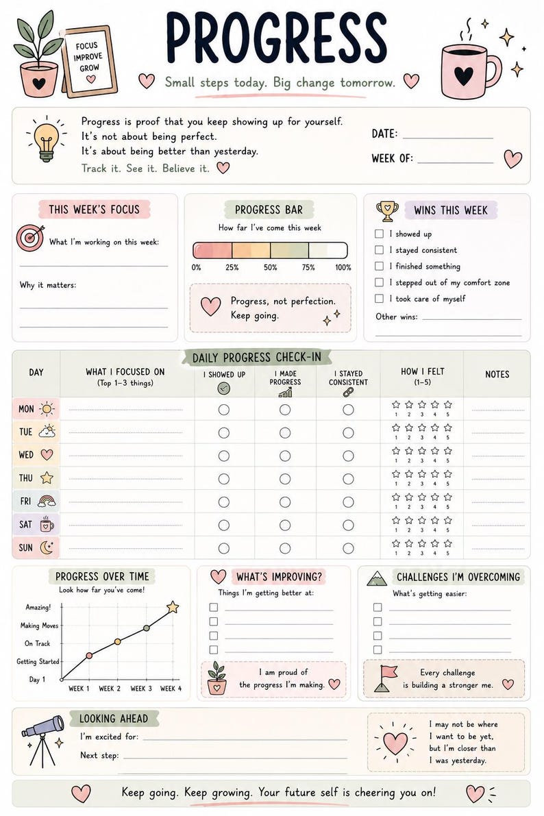May include: A printable progress tracker planner page with a light beige background and pink accents. It features sections for weekly focus, a progress bar, daily check-ins with star ratings, a progress graph, and motivational text like Progress.