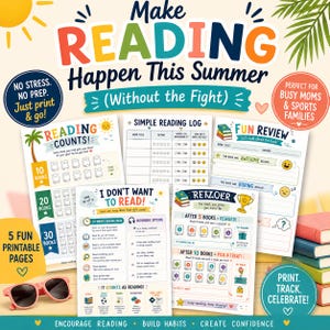 May include: A colorful printable reading log set with the text "Make Reading Happen This Summer." Includes pages for tracking books, fun reviews, and rewards. Features a pair of pink sunglasses and a stack of books.