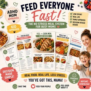 Op de afbeelding: Een digitale maaltijdplanner getiteld FEED EVERYONE Fast! met receptkaarten voor vriesmaaltijden, snackborden en diners. De lay-out bevat tekst, voedselfotografie en checklists voor drukke huishoudens, gepresenteerd als een printbaar PDF-bestand.
