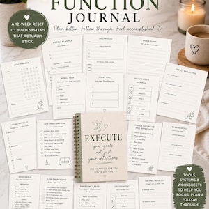 May include: A 12-week executive function journal with a spiral binding and a cover that reads EXECUTE your goals, not just your intentions. The set includes various printed worksheets for habit tracking, daily focus, meal planning, and decision dice.