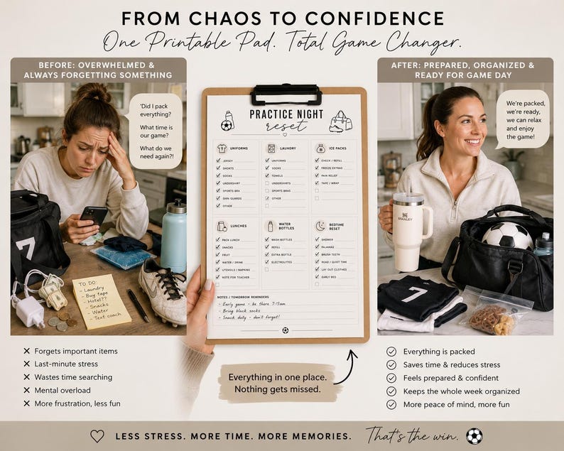 May include: A printable checklist titled "Practice Night Reset" with a woman on the right smiling, holding a tumbler and a bag with a soccer ball. The left side shows a woman looking stressed. The text reads "From Chaos to Confidence" and "Less Stress. More Time. More Memories."