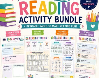 May include: A colorful Kids Reading Activity Bundle with printable pages. The design includes a stack of books, pencils, and various reading-related worksheets, such as a book review, reading tracker, and reading challenge.