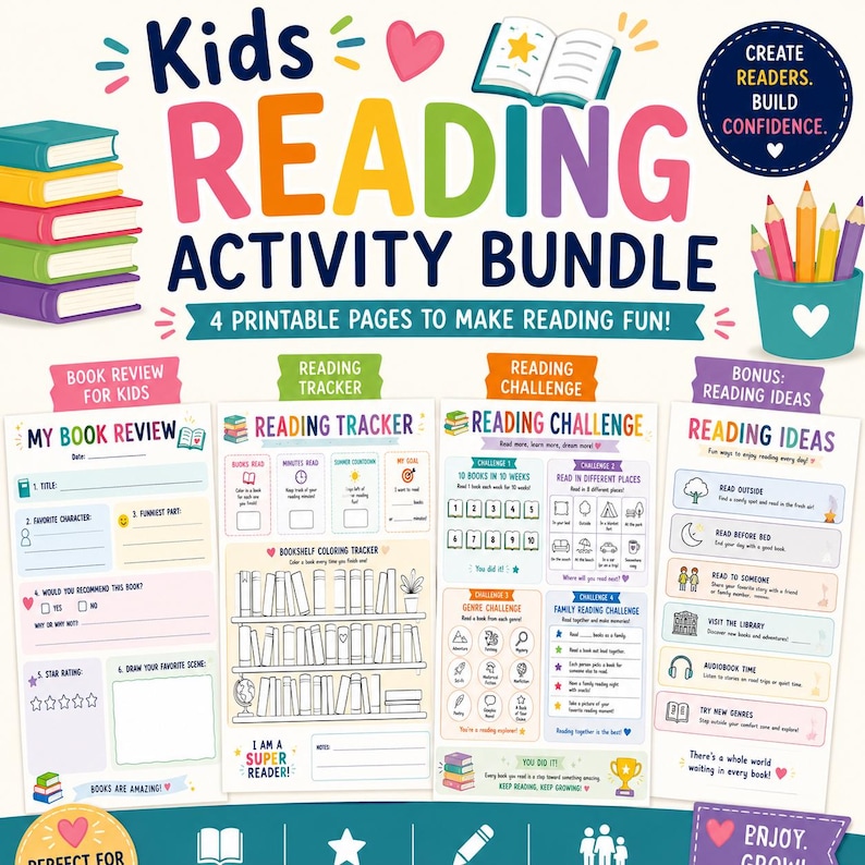 Kids Reading Activity Bundle | Printable Worksheets, Summer Challenge ...