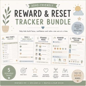 May include: A bundle of five printable pages designed for kids aged 6+ with ADHD. The pages include a daily points tracker, daily focus, reward menu, behavior reset, and weekly wins tracker. The design is neutral and calm.