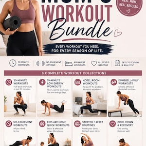 Può includere: Grafica per "The Complete Mom's Workout Bundle". Raffigura una donna in abbigliamento sportivo con un tappetino da yoga. Include opzioni di allenamento come allenamenti di 30 minuti, senza attrezzi e in camera d'albergo. Testo: "Più forte, più sana, più felice."