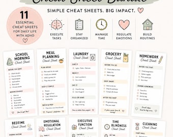 ADHD Cheat Sheets Printable Bundle | Executive Function , Emotional Regulation, Cleaning, Daily Routine Toolkit, Back To School Help