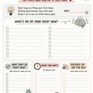 May include: A printable planner page titled OPEN LOOPS BRAIN DUMP with sections for tasks, including WHAT'S ON MY MIND RIGHT NOW, WHAT CAN I DO RIGHT NOW, WHAT CAN WAIT, and DELEGATE OR ASK FOR HELP, featuring illustrations of brains, a clipboard, and plants.