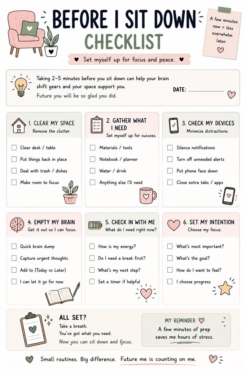May include: A printed checklist titled Before I Sit Down Checklist with six numbered sections for productivity. The document features pastel pink and green accents, icons of a brain, battery, and heart, and text prompts to organize tasks, clear space, and set intentions.