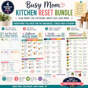 May include: A colorful kitchen reset bundle with four printable guides: a fridge tracker, leftover rescue guide, weekly meal planner, and produce saver guide. The bundle includes tips to save time, money, and reduce food waste. The text says "Busy Mom Kitchen Reset Bundle".