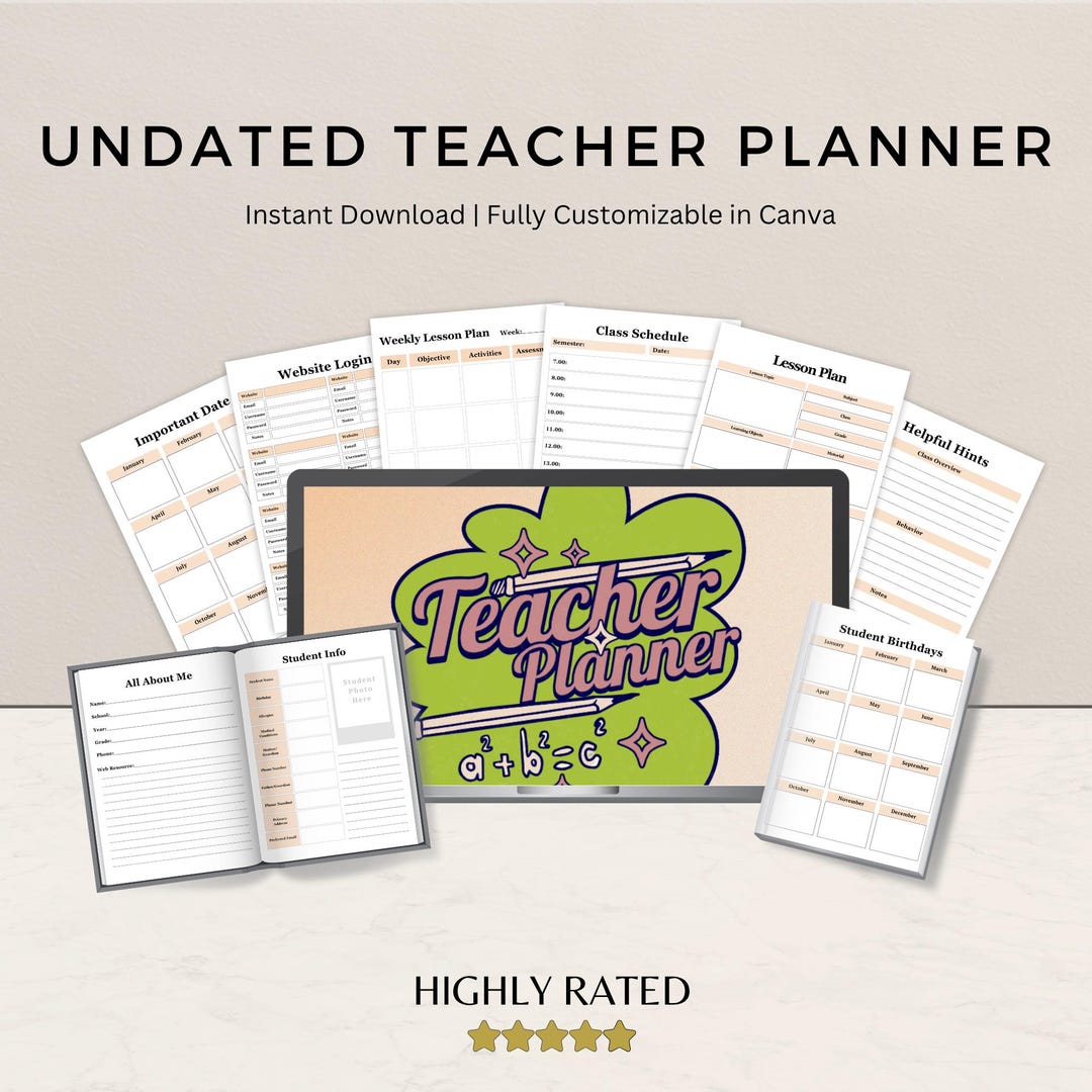 Undated Teacher Planner Canva Template, Editable Lesson Plan (digital ...
