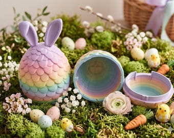 3D Printed Bunny Ear Easter Egg Container – Twist Lock Pastel Rainbow Candy Holder