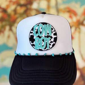 Cowboy Turquoise and Black Trucker Hat with Hat Chain. Country, Western, Cowgirl, Trendy Hats.
