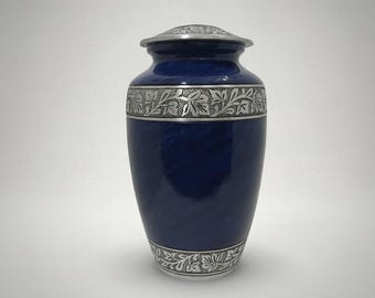 Engravable Blue Aluminum Cremation Urn – Floral Engraved Memorial Keepsake