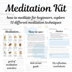 以下が含まれることがあります： 「Meditation Kit」というタイトルが大きく、様式化された黒いフォントで書かれた瞑想キット。瞑想の方法、12種類の瞑想テクニック、そして振り返りのワークシートが含まれています。画像には、瞑想活動のグリッドとマインドフルネスガイドが描かれています。