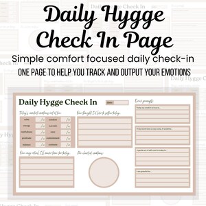 Könnte beinhalten: Eine beige und weiße Daily Hygge Check In Seite. Die Seite enthält Aufforderungen zur Verfolgung von Emotionen, mit Abschnitten für Komfortniveaus, Gedanken und Selbstpflege. Der Text auf der Seite lautet "Simple comfort focused daily check-in" und "ONE PAGE TO HELP YOU TRACK AND OUTPUT YOUR EMOTIONS."