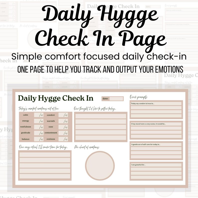 Puede incluir: Una p&aacute;gina de registro diario de Hygge en beige y blanco. La p&aacute;gina incluye indicaciones para rastrear las emociones, con secciones para los niveles de comodidad, los pensamientos y el autocuidado. El texto de la p&aacute;gina dice "Simple comfort focused daily check-in".