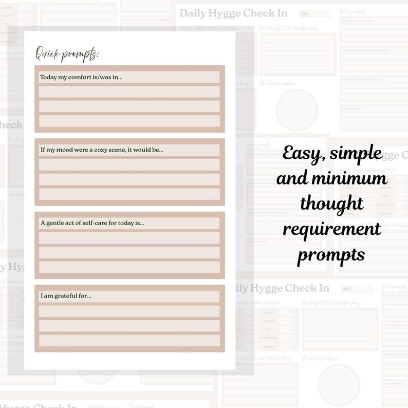 Puede incluir: Una p&aacute;gina de diario blanca con indicaciones para la autorreflexi&oacute;n. Las indicaciones incluyen preguntas sobre comodidad, estado de &aacute;nimo y gratitud. El texto de la p&aacute;gina dice "Quick prompts:" y "Easy, simple and minimum thought requirement prompts."