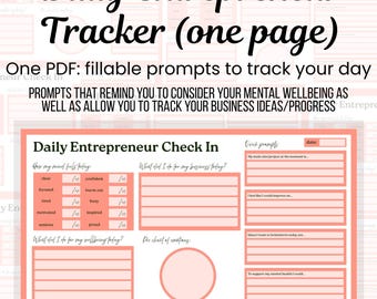 Seguimiento diario del emprendedor: registro diario de negocios y bienestar, PDF de una página para emprendedores y creativos