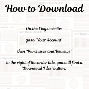 Puede incluir: Una gu&iacute;a titulada "How to Download" sobre un fondo beige claro. Se proporcionan instrucciones sobre c&oacute;mo descargar archivos del sitio web de Etsy, incluida la navegaci&oacute;n a "Your Account" y luego a "Purchases and Reviews".