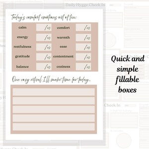 Puede incluir: Una hoja de registro diario de Hygge imprimible con casillas rellenables. La hoja incluye indicaciones para calificar las emociones de confort y espacio para un ritual acogedor. El texto incluye "Today's comfort emotions out of ten" y "Quick and simple fillable boxes."