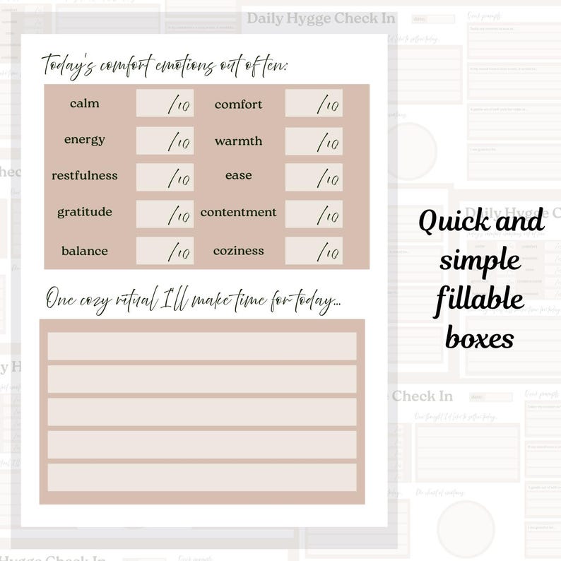 Puede incluir: Una hoja de registro diario de Hygge imprimible con casillas rellenables. La hoja incluye indicaciones para calificar las emociones de confort y espacio para un ritual acogedor. El texto incluye "Today's comfort emotions out of ten" y "Quick and simple fillable boxes."