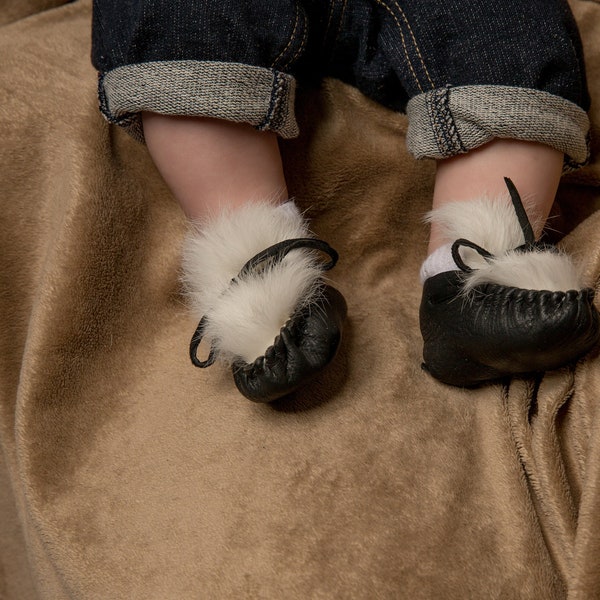 Black Deerskin Leather Baby Moccasins, Newborn Preemie Booties, Toddler Shoes, White Rabbit Fur Slippers, Unique Handmade Baby Shower Gifts