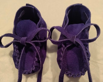 Purple Leather Suede Baby Moccasins, Toddler Cowhide Slippers, Newborn  Preemie Moccs, Infant Booties, Unique Handmade Baby Shower Gift