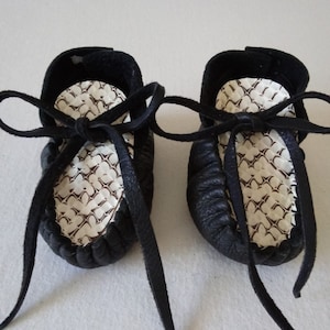 Black Deerskin Leather Baby Moccasins in Python, Unique Handmade Baby Shower Gift, Newborn Infant Preemie Toddler Booties Shoes Slippers image 1