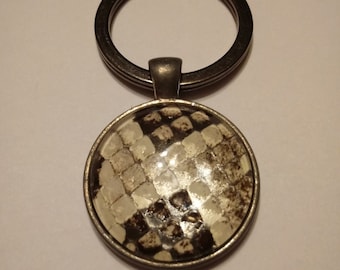 Year of the Snake Genuine Python Key Ring, Black & White Snakeskin Key Fob, Antique Brass and Glass Photo Jewelry Style,