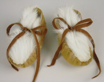 Suede Deerskin Leather Baby Moccasins, Preemie Newborn Booties, Infant Toddler White Rabbit Fur Shoes, Unique Handmade Baby Shower Gifts